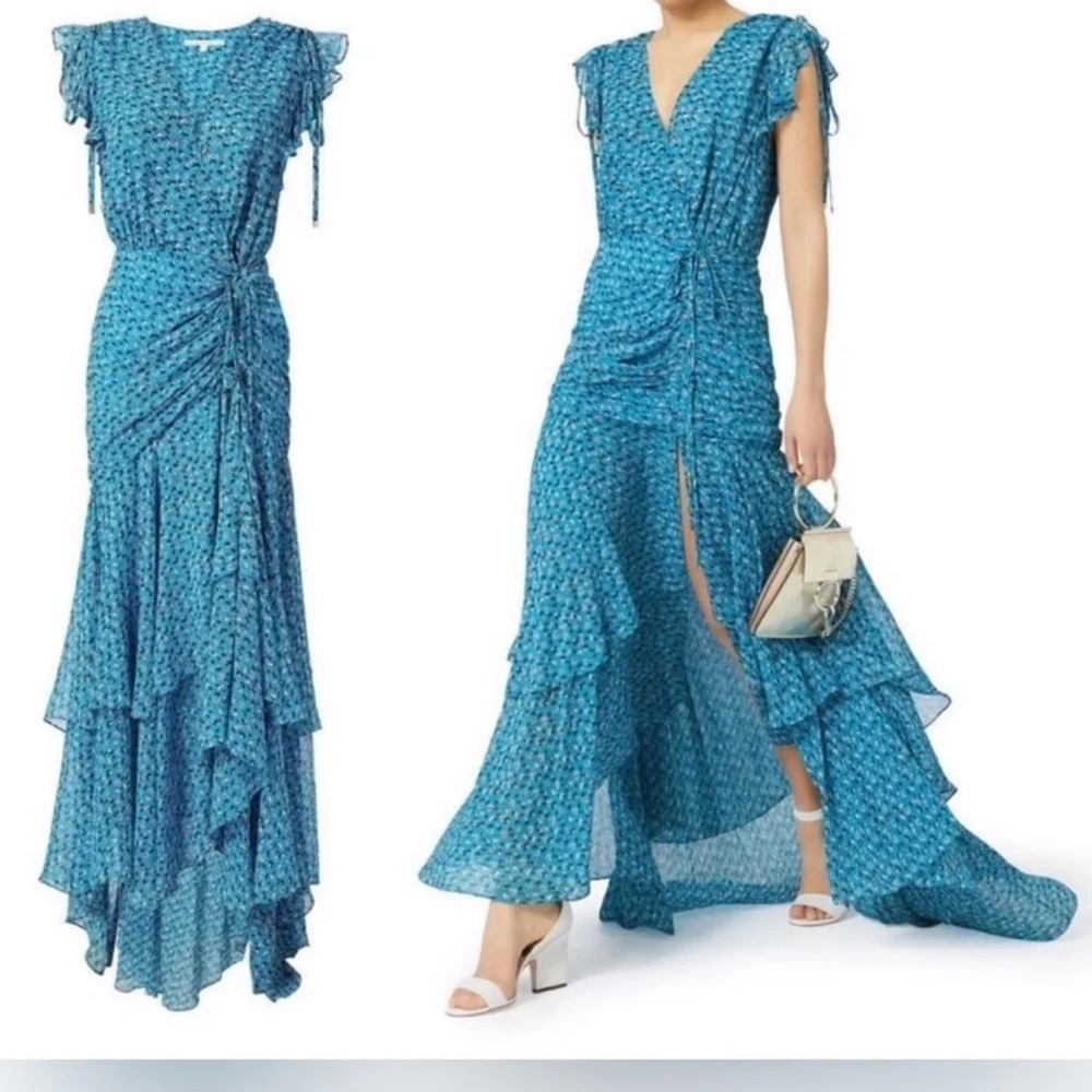 VERONICA BEARD Samara Floral Print Silk Ruched Maxi Dress Blue Size 8